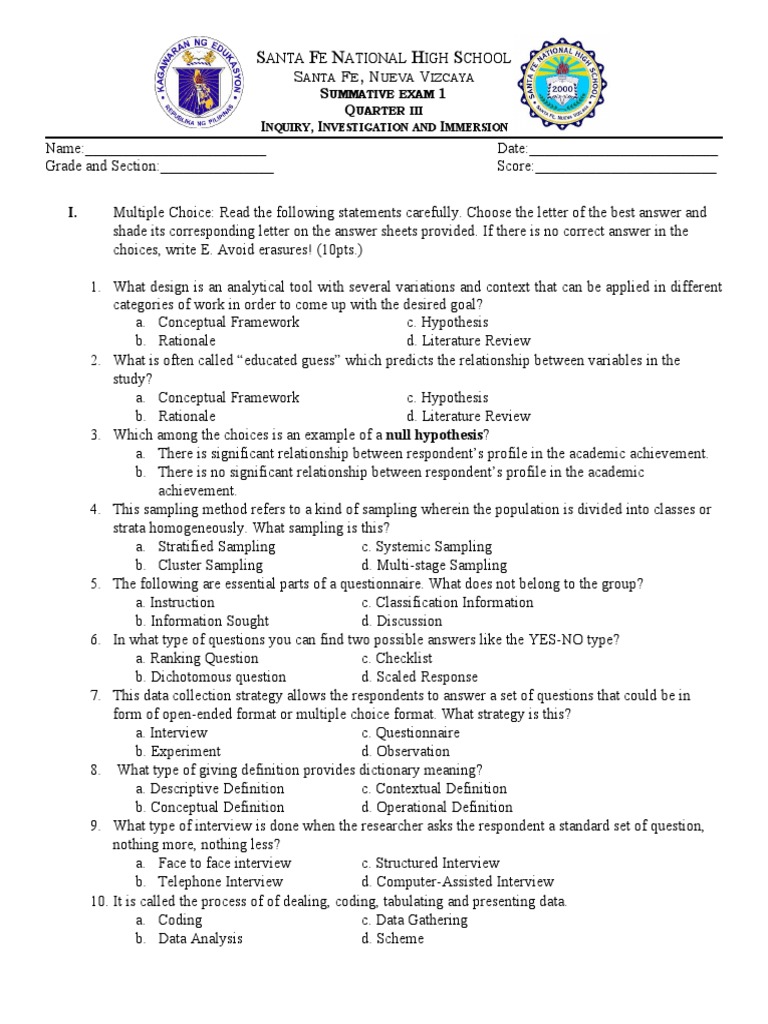 An Analysis of Summative Exam Questions on Inquiry, Investigation, and Immersion for Third