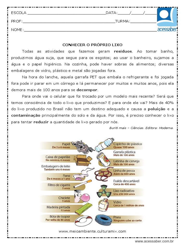 Atividade de Ciencias Conhecer o Proprio Lixo 5 Ano Respostas | PDF ...