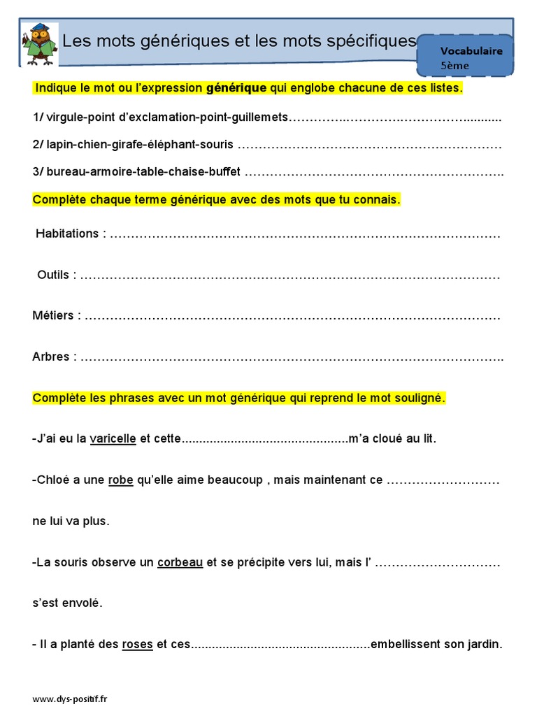 Exercice De Français 4ème à Imprimer Avec Correction Exercices Corrigés Les Mots Génériques Et Les Mots Spécifiques | PDF