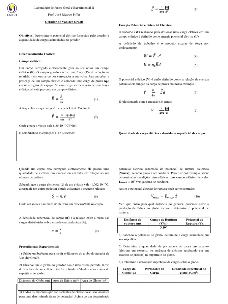 Experimento 2 Gerador de Van Der Graaff PDF Eletricidade Carga