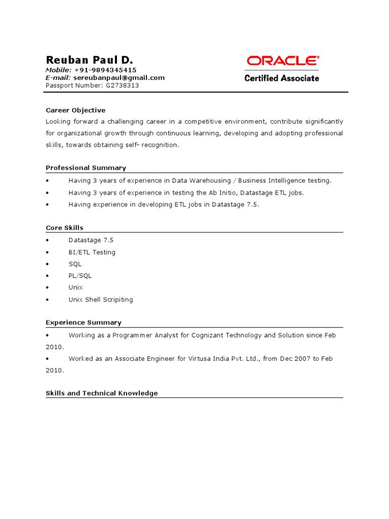 Reuban CV 16 Nov 2010 | PDF | Oracle Database | Unit Testing