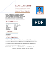 Muhammad Sajjad: .Personal Profile Statement / Career Objective
