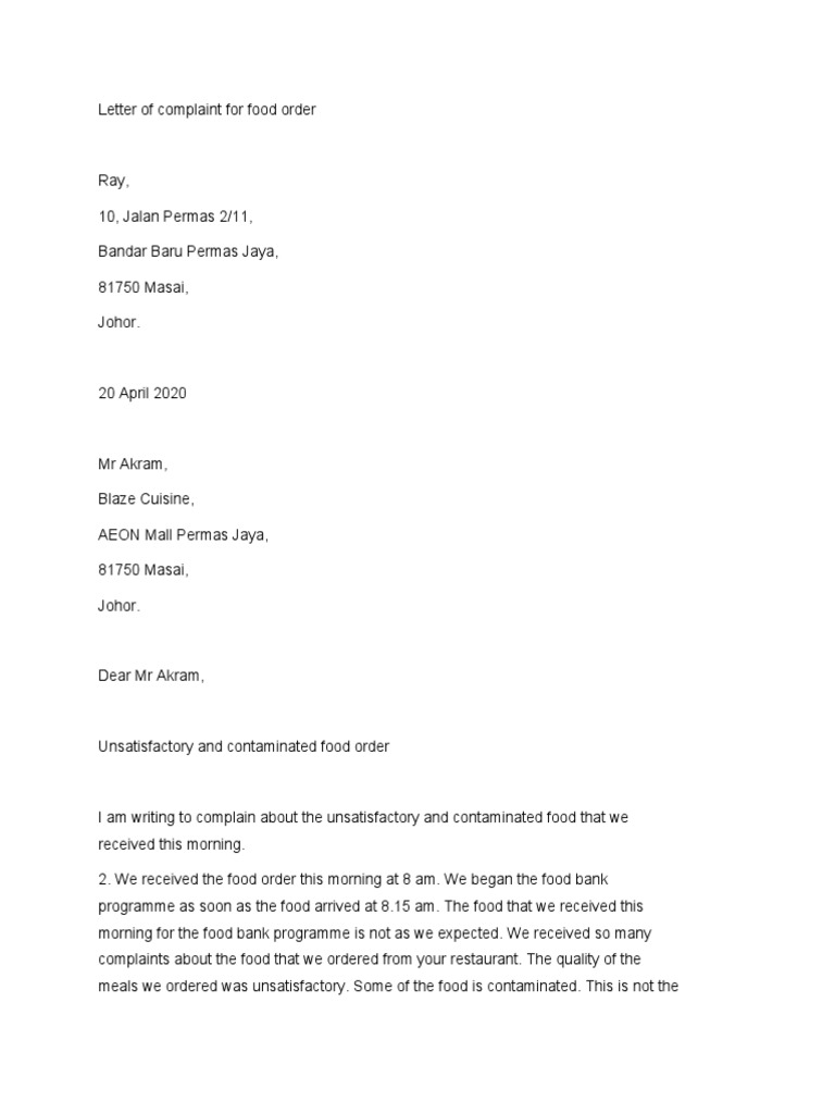 Letter of Complaint For Food Order | PDF | Cooking, Food & Wine