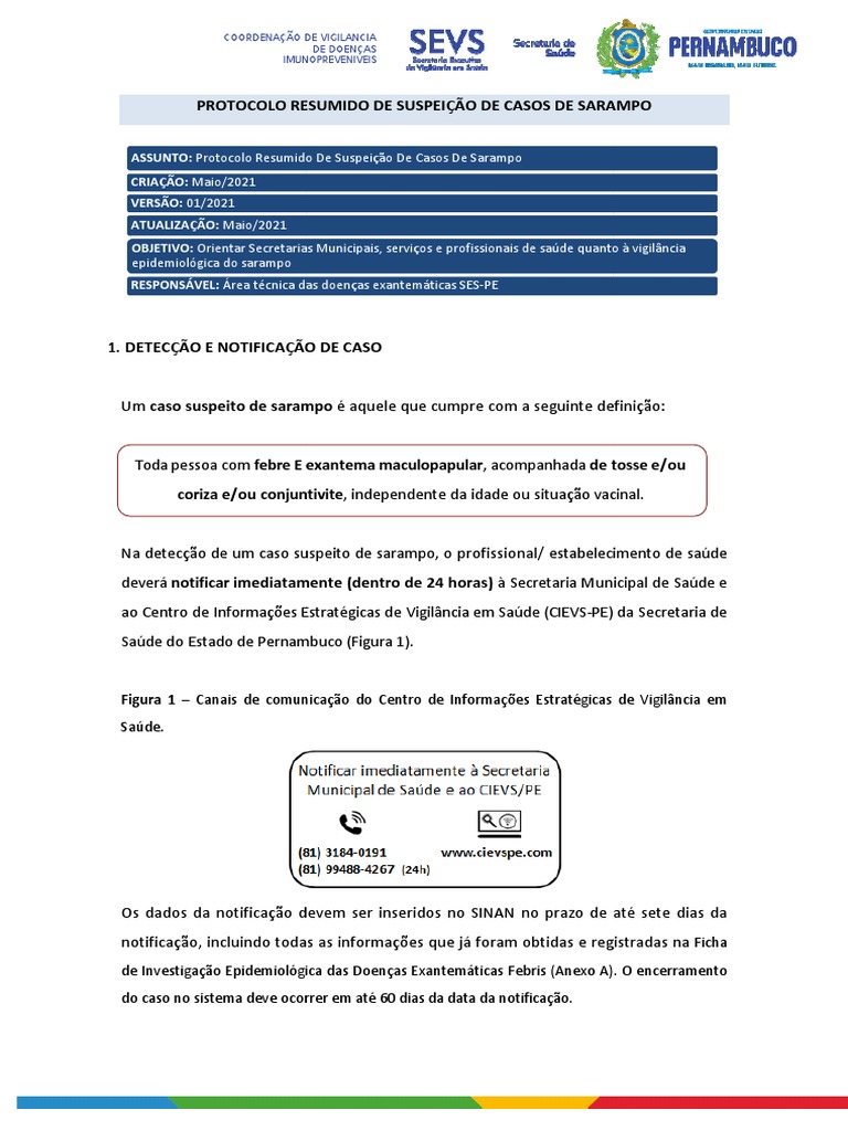 Protocolo de Suspeição de Sarampo | PDF | Sarampo | Epidemiologia