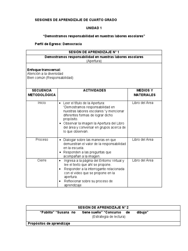 Sesiones de Aprendizaje 4° Grado | PDF | Aprendizaje | Información