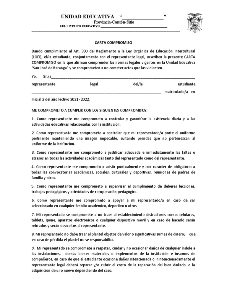 Carta de Compromiso Escolar 2021 | PDF | Crecimiento personal y ...