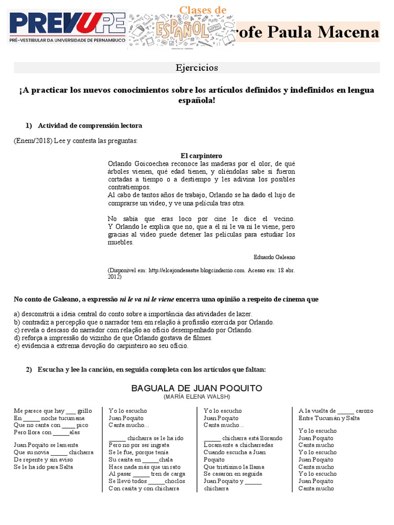 Práctica de artículos en español | PDF | Artes del Lenguaje y ...