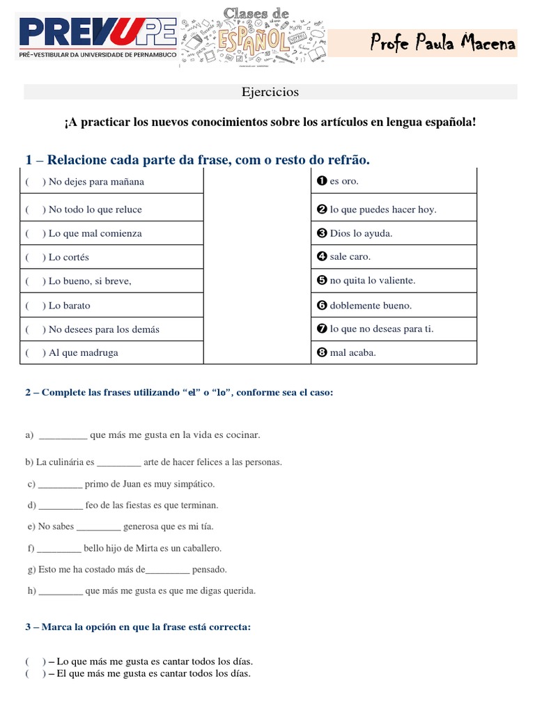 Ejercicios de artículos en español | PDF | Artes del Lenguaje y ...