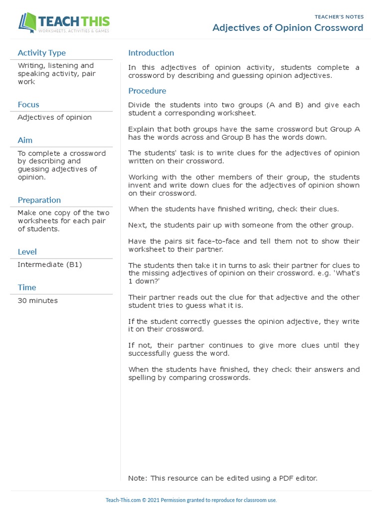 Adjectives of Opinion Crossword Download Free PDF Crossword