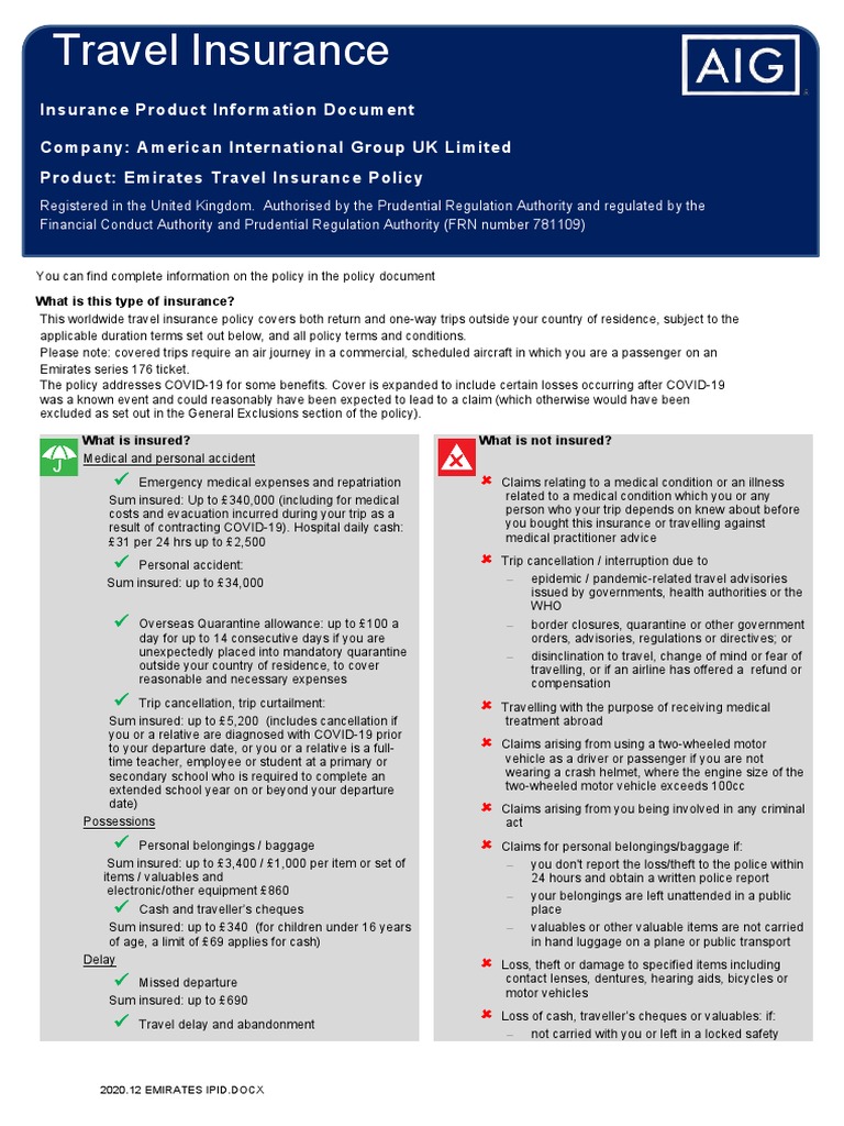 Multi Risk Travel Insurance Policy United Kingdom | PDF | Insurance ...