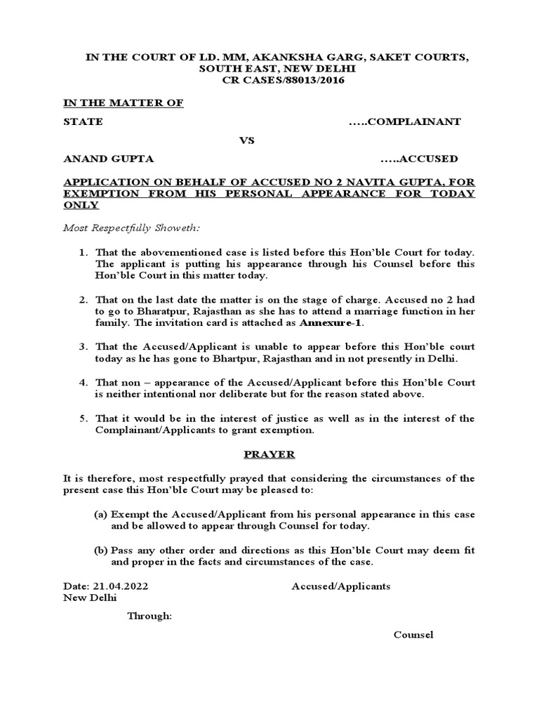 Exemption Application Format PDF