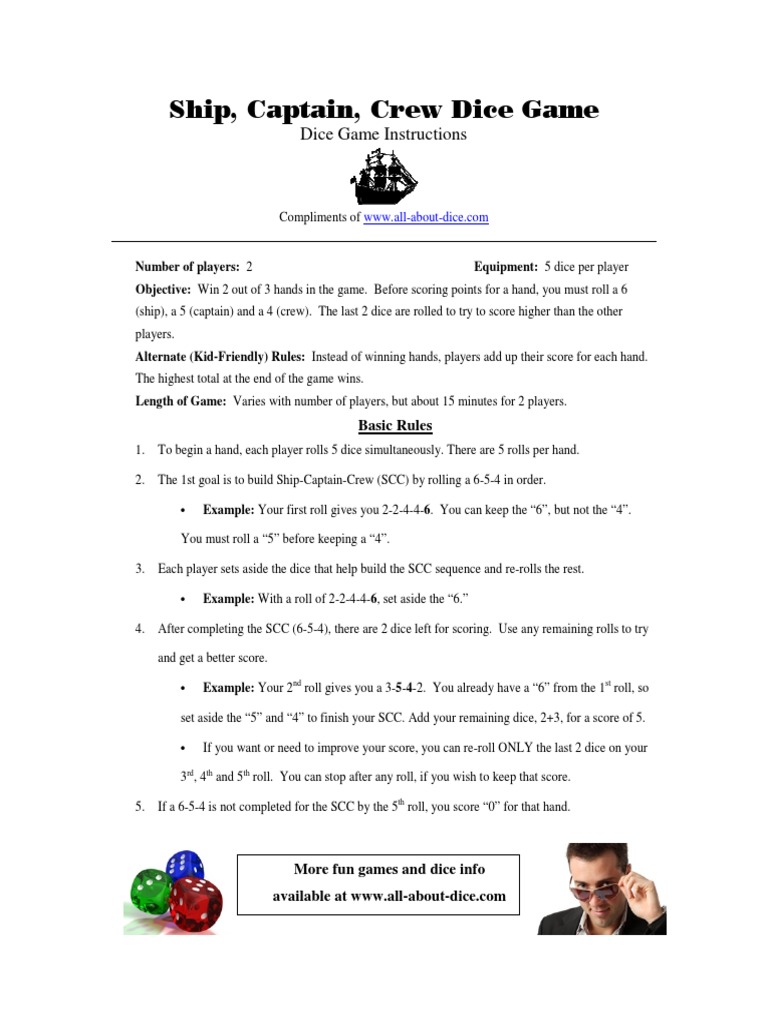 Printable Instructions Ship Captain Crew PDF Dice Gaming