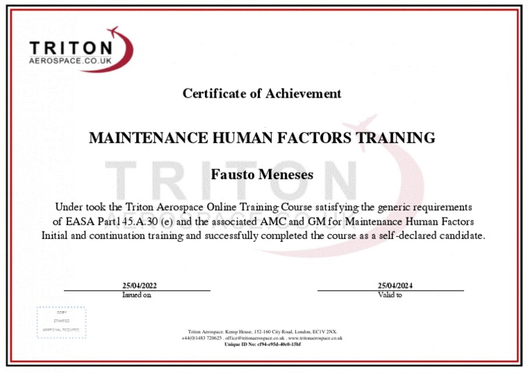 Maintenance Human Factors Training Certificate | PDF