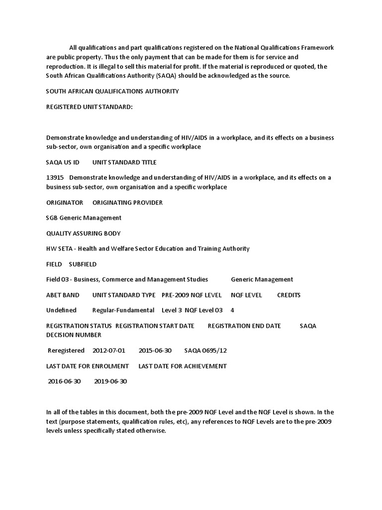 AIDS Unit Standard | PDF | Hiv/Aids | Infection
