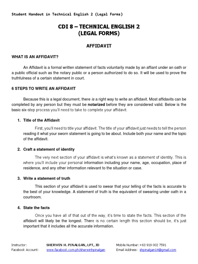 Cdi 8 Technical English 2 (Legal Forms) Affidavit PDF Affidavit