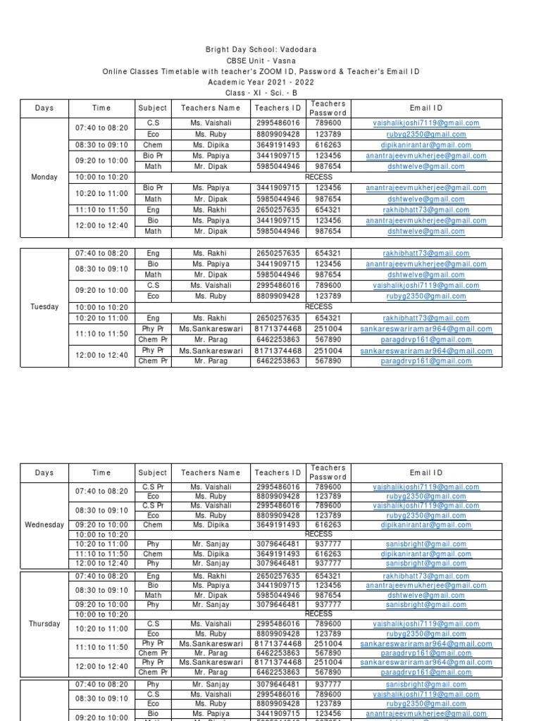 Bright day school vadodara cbse unit vasna online classes timetable