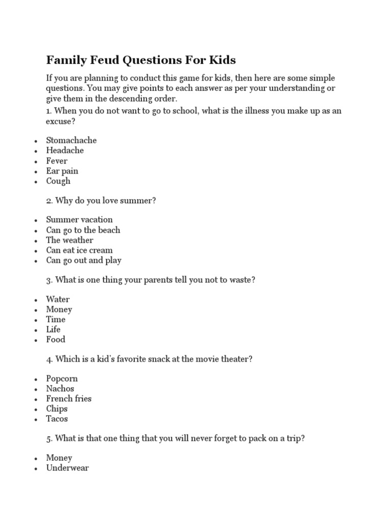 Family Feud Questions | PDF | Self-Improvement for Family Feud Questions And Answers Printable Free