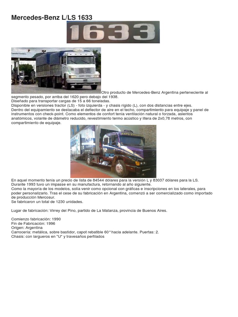 Mercedes-Benz L/LS 1633: Ficha Técnica | PDF | Tecnología