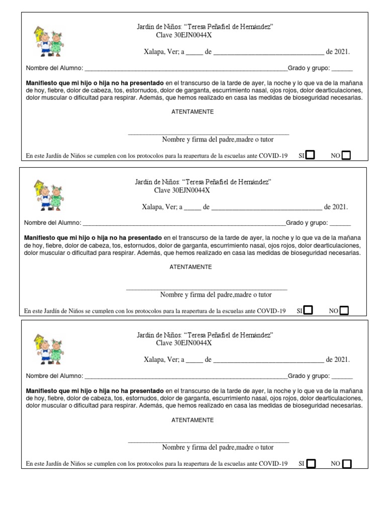Declaración De Salud Para Jardín De Niños Pdf Enfermedades Y