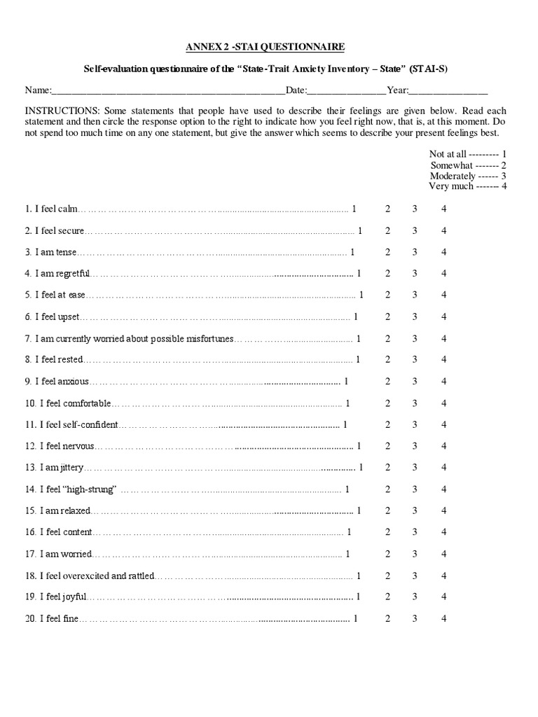 Annex 2 stai questionnaire self evaluation questionnaire of the