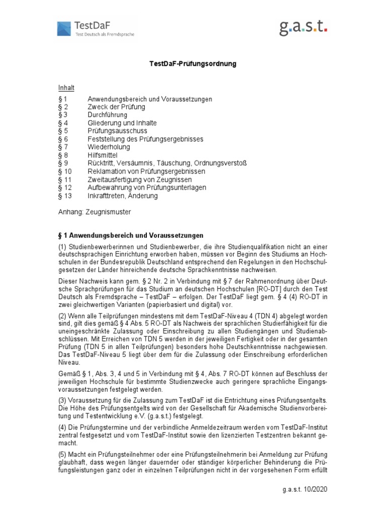 TestDaF Pruefungsordnung 10 2020 | PDF