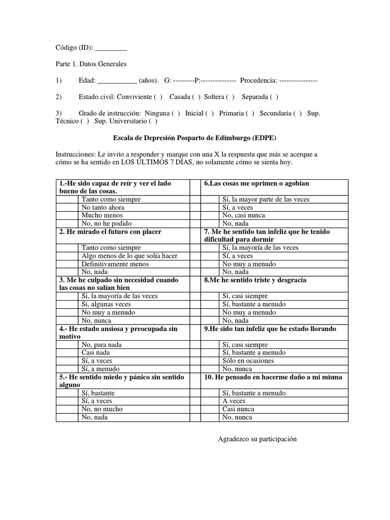Encuesta de Depresión Postparto EDPE | PDF
