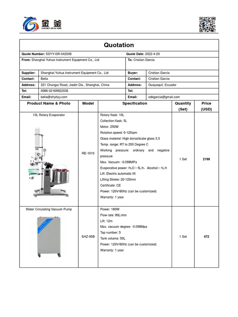 Quotation 10L Rotary Evaporator PDF Vacuum Applied And