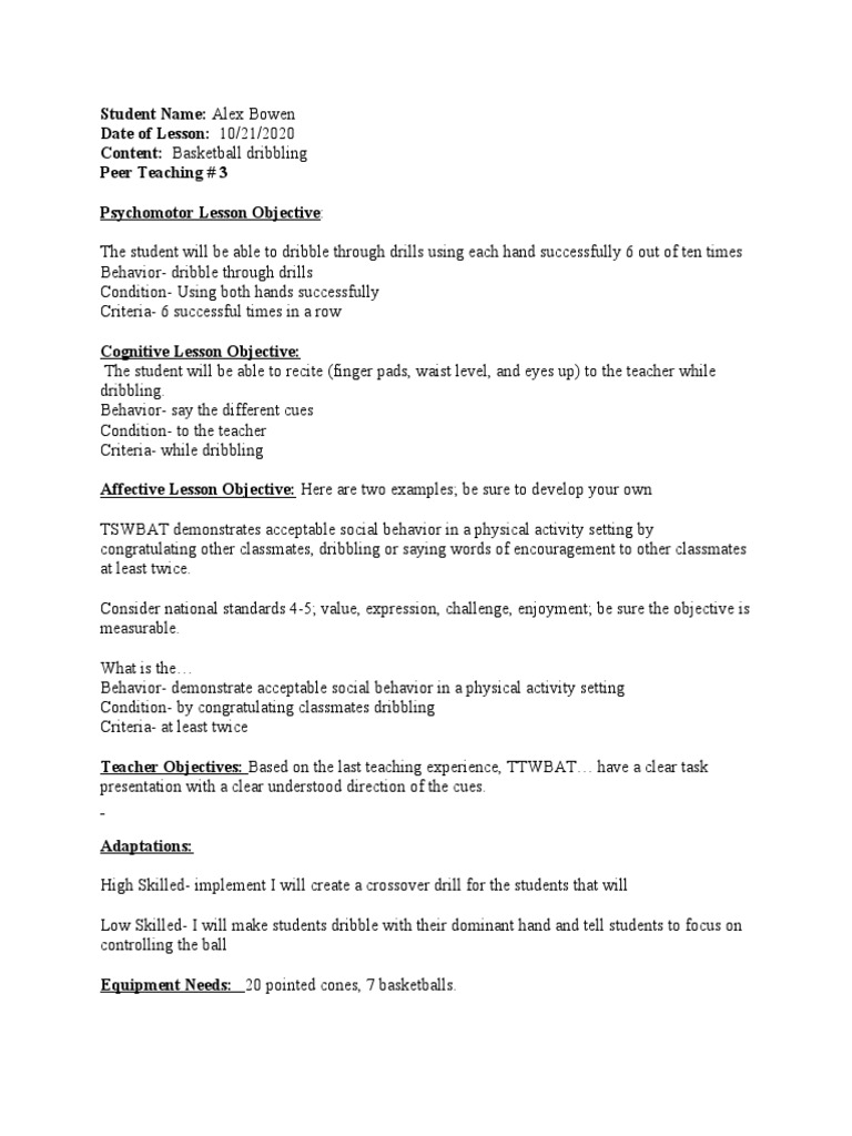 Basketball Lesson Plan PDF Teachers Hand