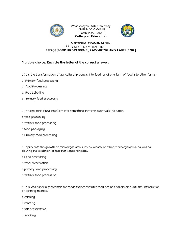 Midterm Examination for Food Processing, Packaging and Labelling