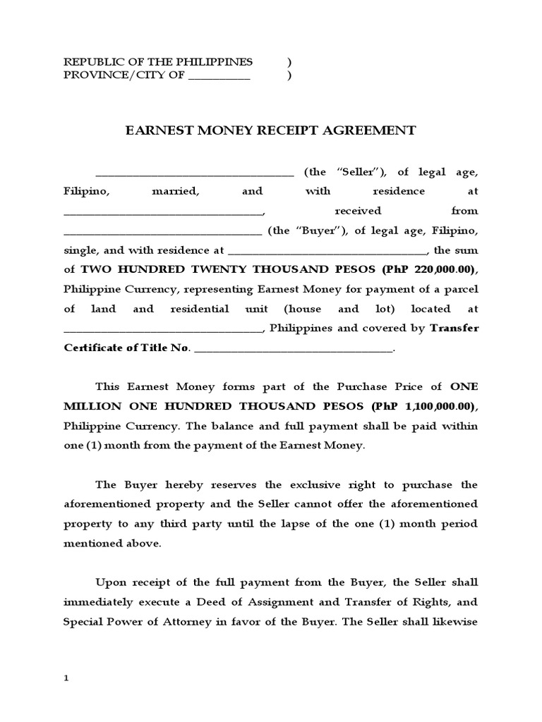 Earnest Money Receipt Agreement | PDF | Payments | Money