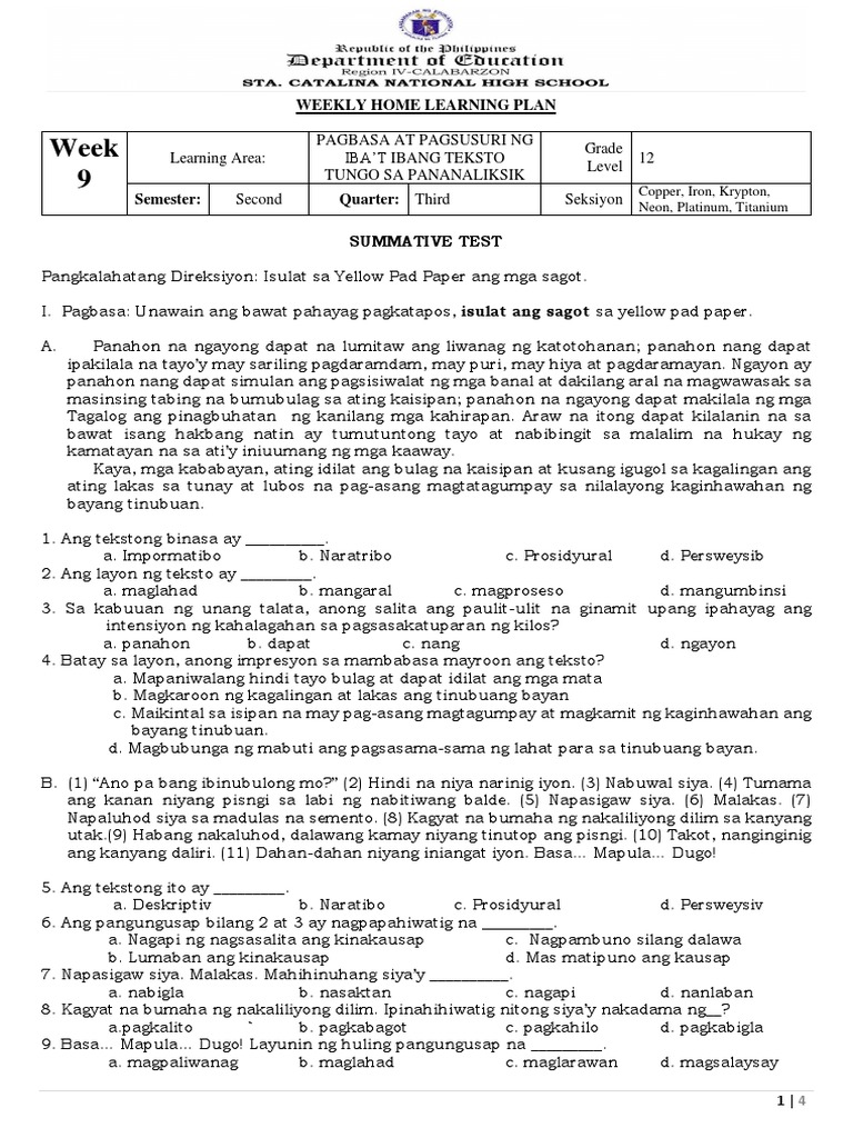 9th Week Summative Test Pagbasa at Pagsusuri NG Ibat Ibang Teksto Tungo ...