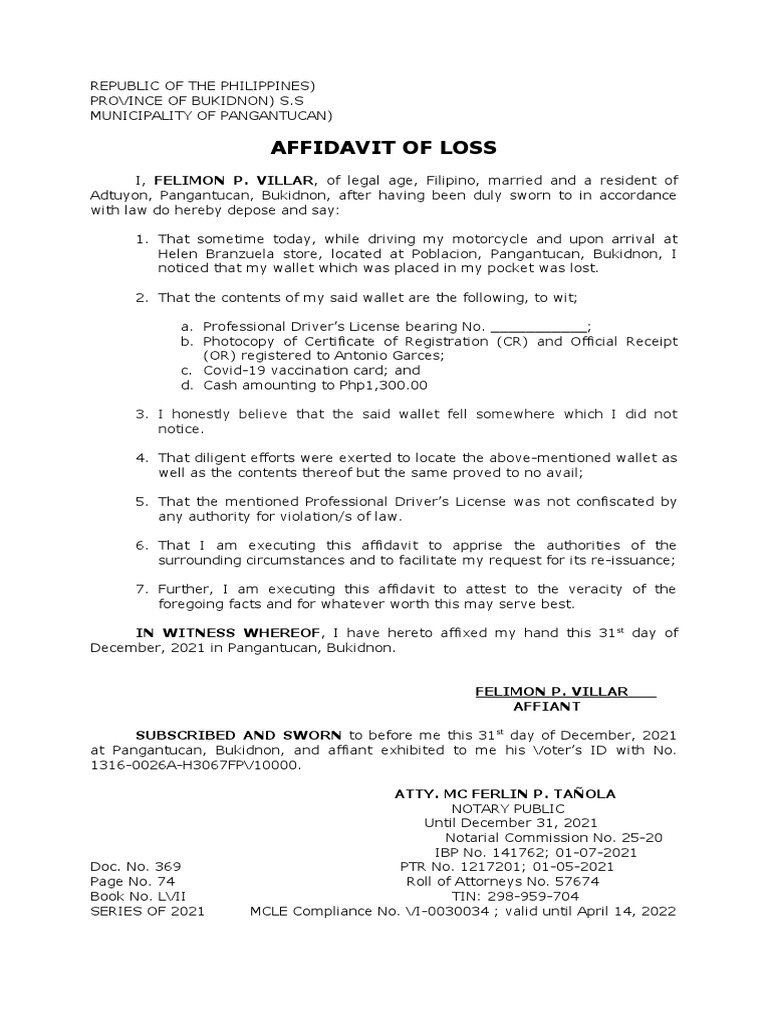 Affidavit of Loss: 3. I Honestly Believe That The Said Wallet Fell ...