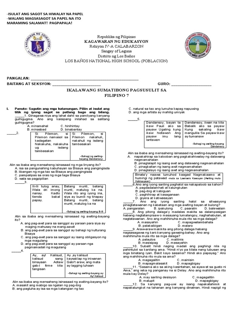 2nd Summative Test in Filipino 7 | PDF
