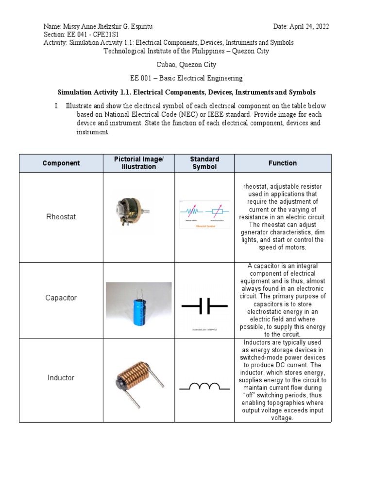 Simulab Activity 1.1. Electrical Components, Devices, Instruments and ...