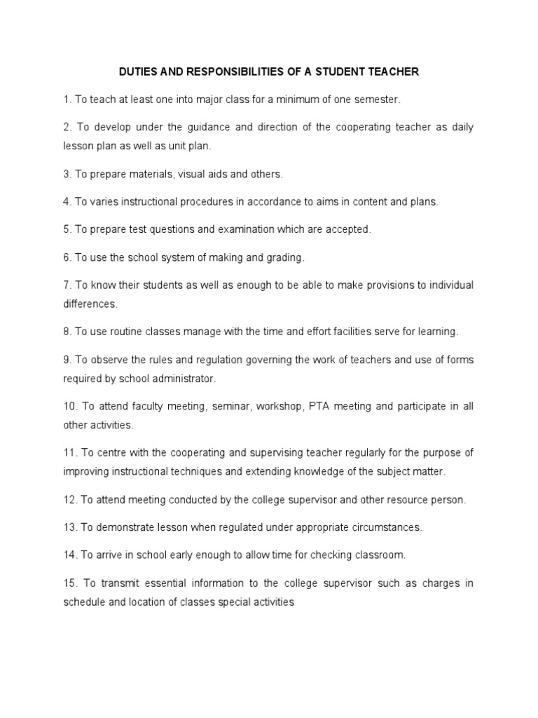 Duties and Responsibilities of A Student Teacher PDF Teachers
