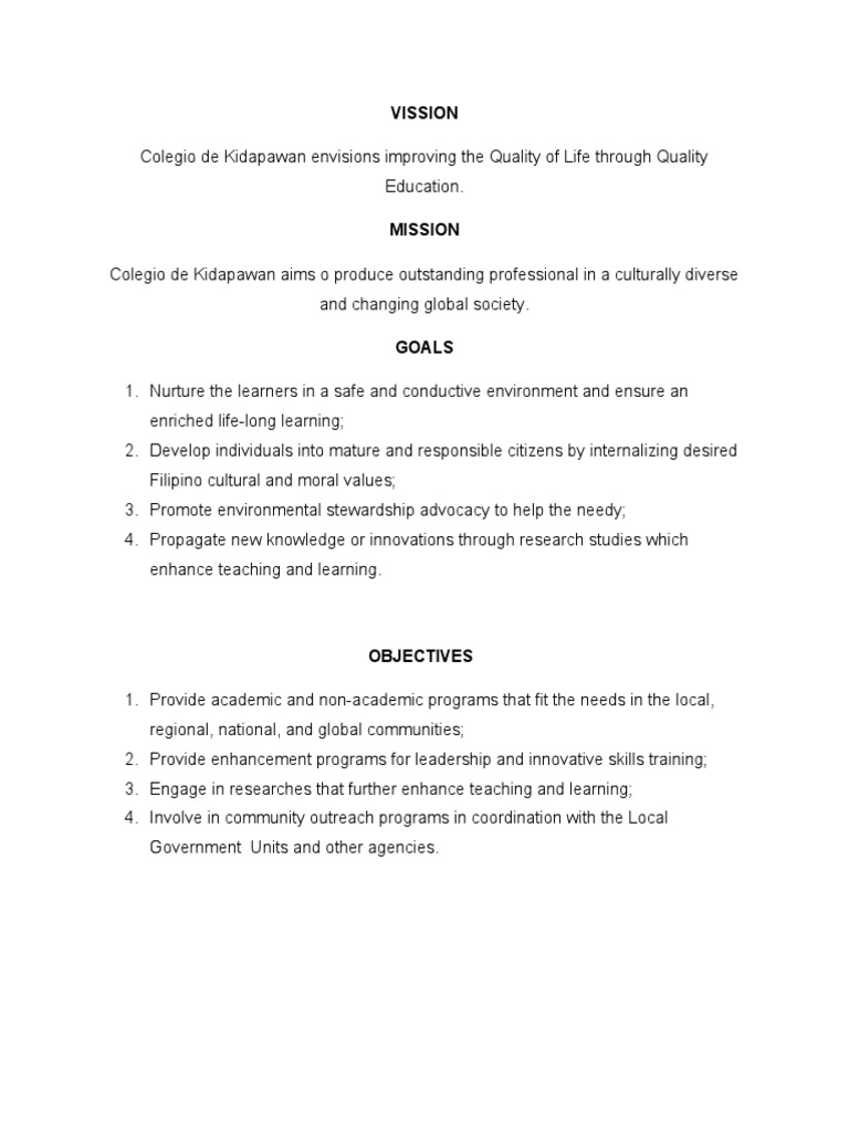 Colegio de Kidapawan Mission and Goals | PDF