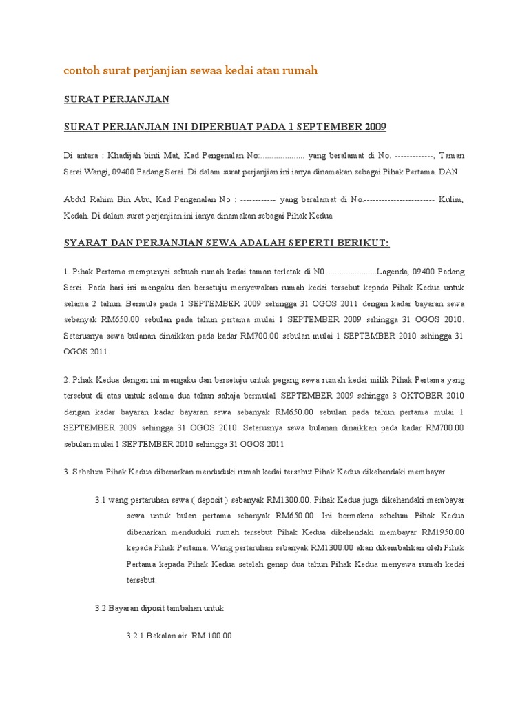 contoh perjanjian sewa menyewa rumah pdf