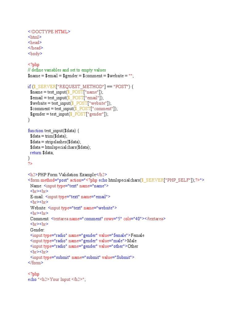 !doctype HTML Head /head Body: // Define Variables and Set To Empty ...