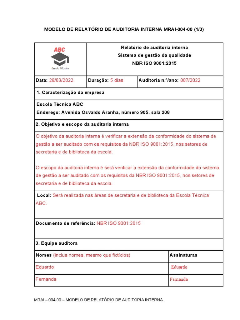 Relatório de Auditoria Interna ISO 9001 | PDF | Qualidade (negócios ...