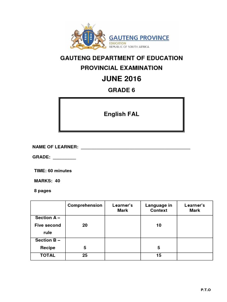 JUNE 2016 Gauteng Department of Education Provincial Examination PDF