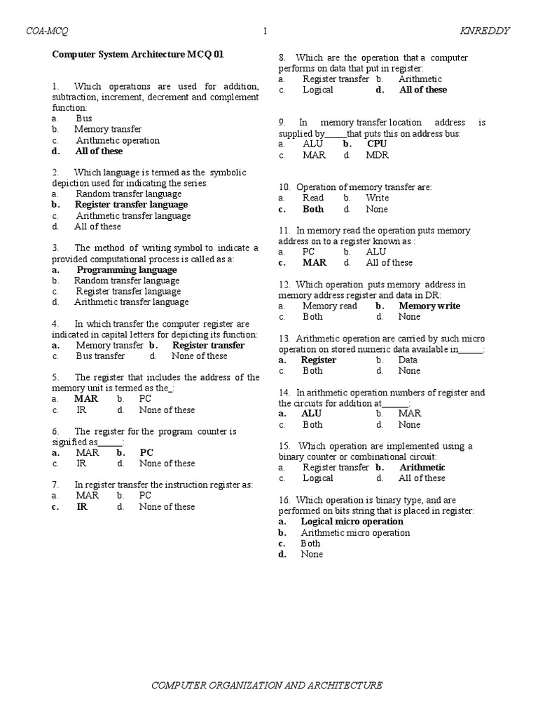 Computer System Architecture MCQ Questions | PDF | Central Processing ...