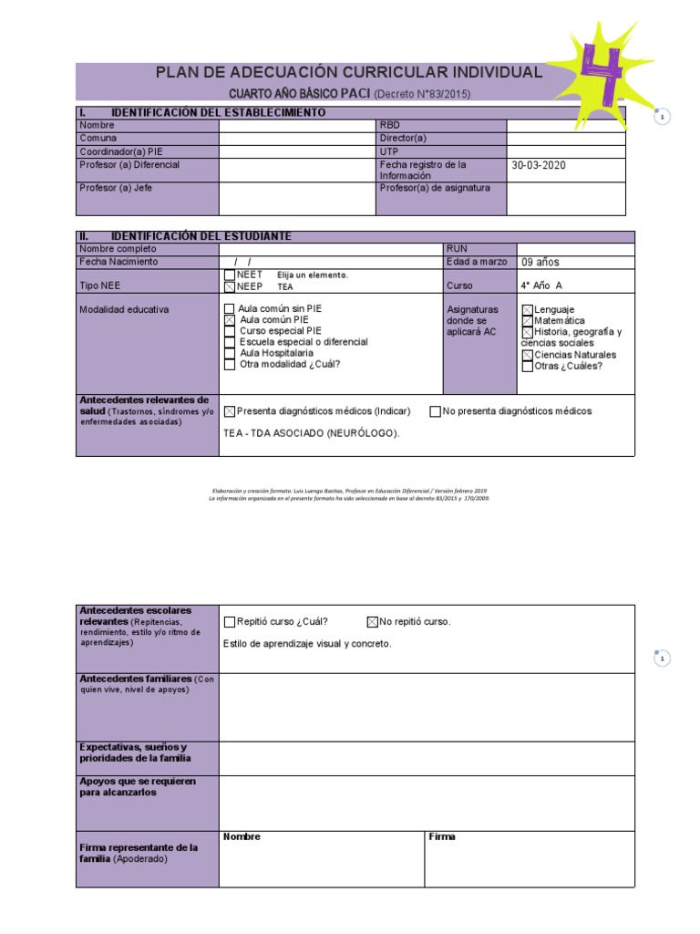 Formato PACI para Cuarto Básico | PDF | Aprendizaje | Evaluación