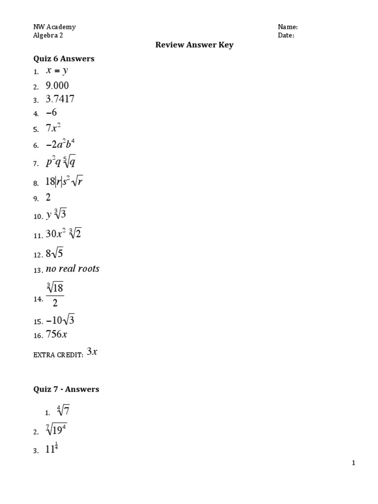 Review Answer Key Quiz 6 Answers NW Academy Name Algebra