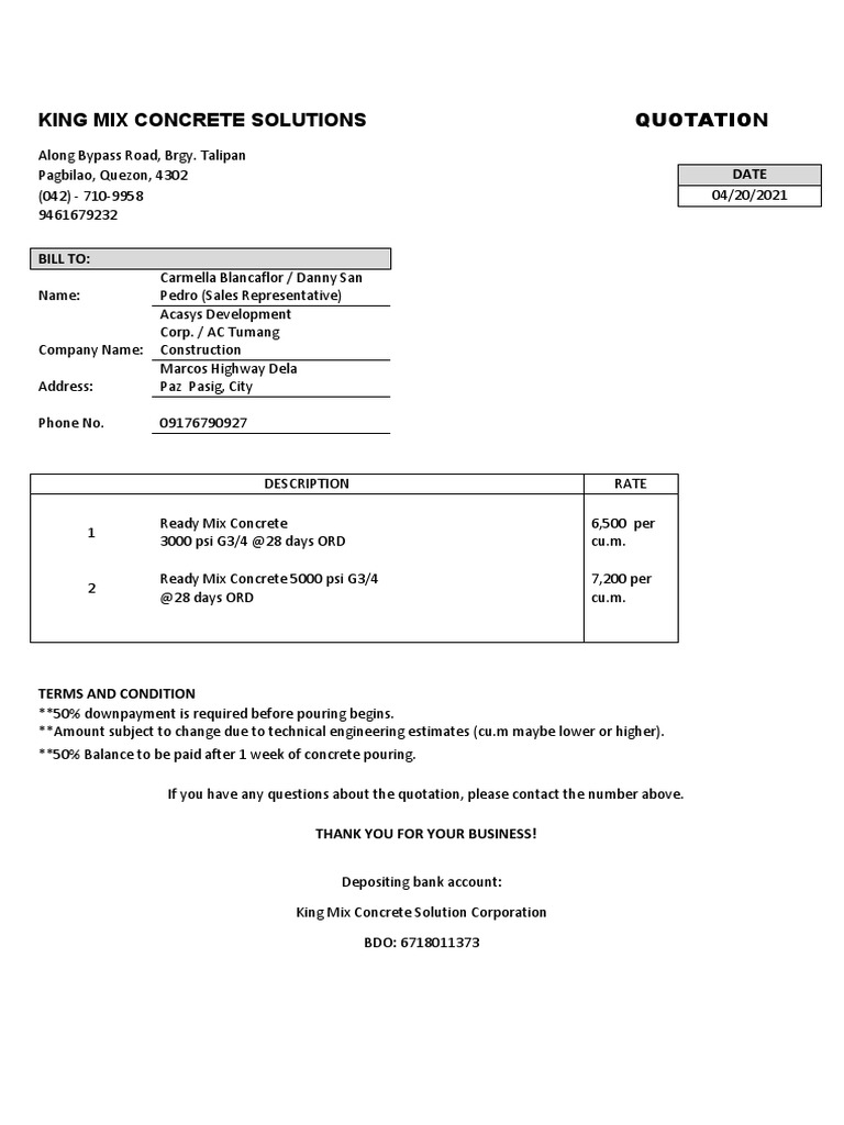 King Mix Concrete Solutions Quotation PDF