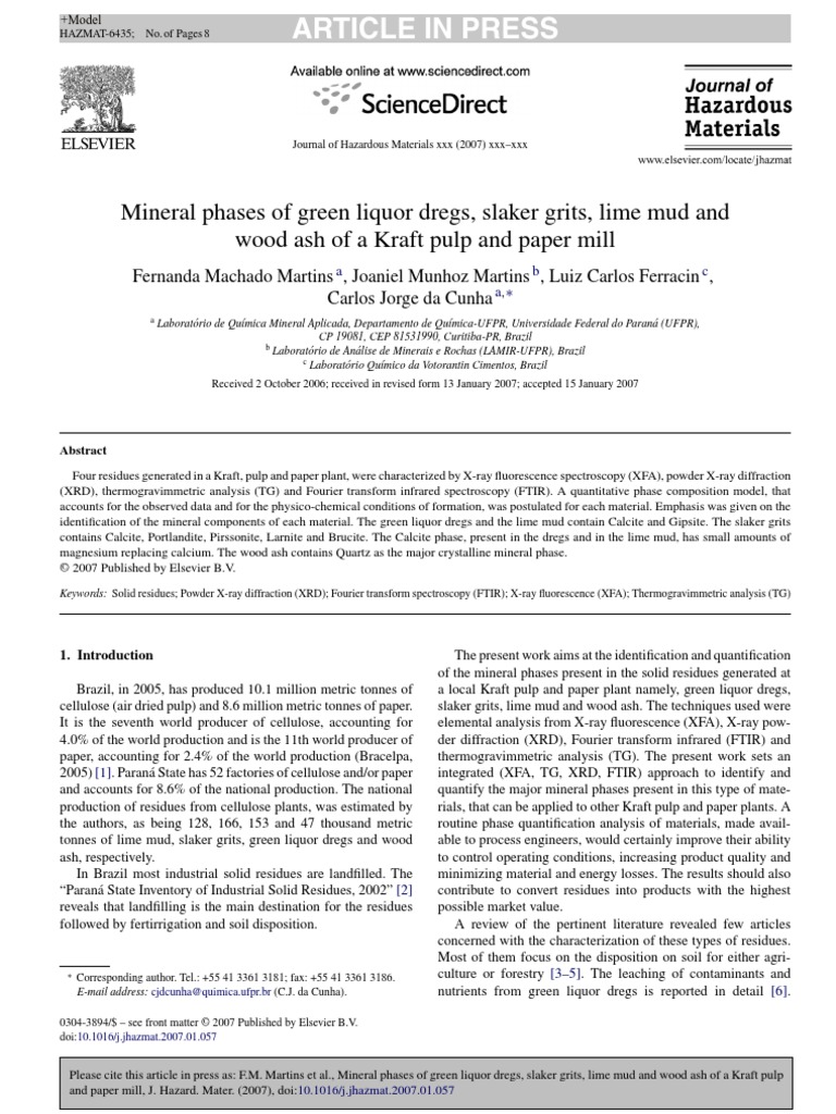 Mineral Phases of Green Liquor Dregs, Slaker Grits, Lime Mud and Wood