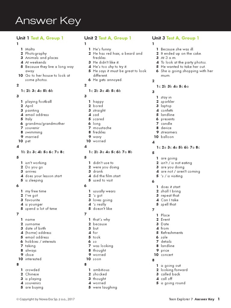 Answer Key: Test A, Group 1 Test A, Group 1 Test A, Group 1 | PDF