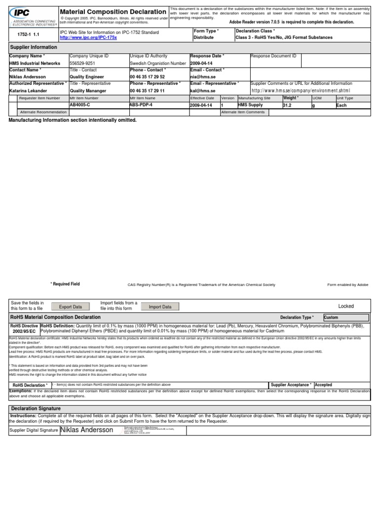 70-3695-HMS Material Composition Declaration ABS-PDP-4 | PDF ...