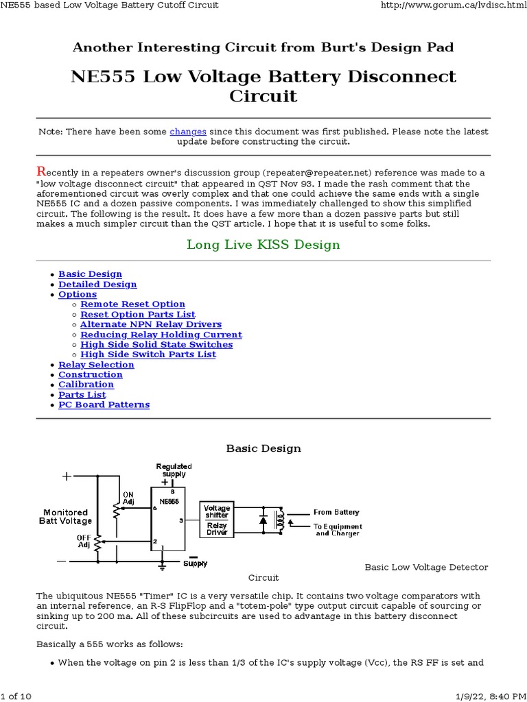 NE555 Based Low Voltage Battery Cutoff Circuit PDF Field Effect