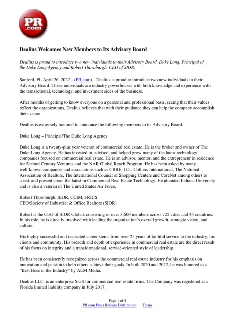 Dealius Welcomes New Members To Its Advisory Board | PDF | Customer ...