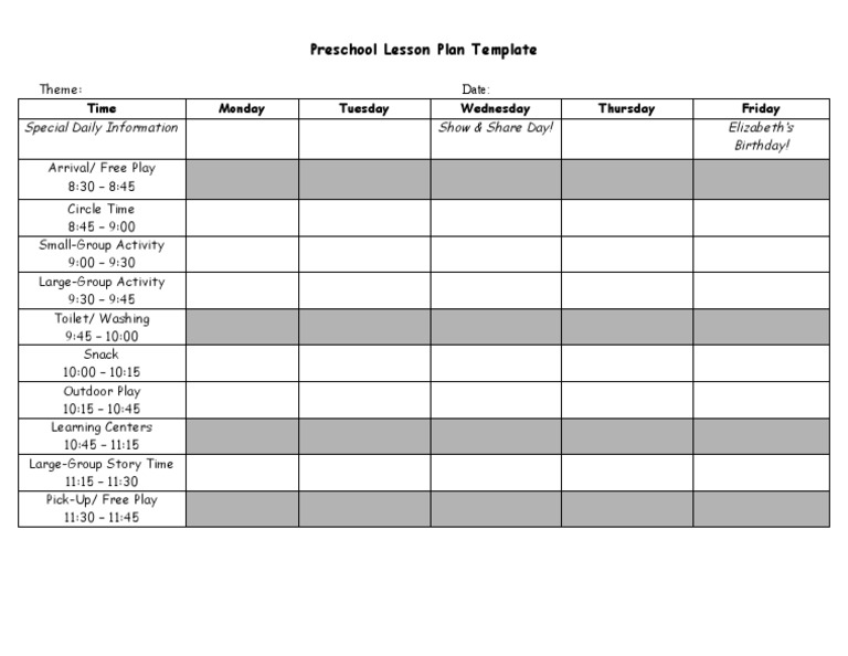 Preschool Lesson Plan Format Template Lesson Plan Templates